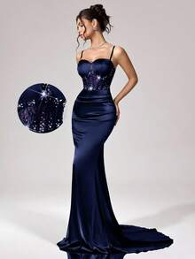 Coutiva Đầm dạ hội trang trọng, đính đá và ren phối nhiều lớp, dành cho nữ, thích hợp cho ngày Valentine. - Màu xanh hải quân - Xem 8