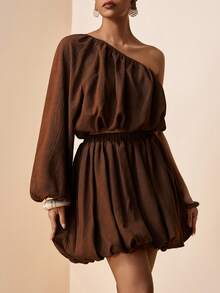 Zivah 2026 Spring & Summer New Arrival Wedding Season, Music Festival, Easter, Western, Nomadic, Bohemian, Nashville Style Party, Wedding, Gala, Date, Gathering, Birthday, College, Student, Daily Casual, Basic Versatile, Leisure, Vacation, Cruise Travel, Beach, Sunbathing, Trending, Elegant, Commute, Business Casual Oblique Shoulder Long Sleeve Ruched Crop Top + Loose Flare Mini Skirt Coffee Brown 2-Piece Set, Spring/Summer Party Set, Commute Set, Elegant Set, Vacation Set, Women 2-Piece Outfit - Coffee Brown - View 3