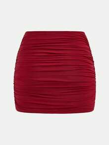 Girlism Teen Girls' Wine Red Mesh Elastic Ruched Snug Fit Versatile Casual Elegant Shorts/Skirt Red Skirt - Burgundy - View 2