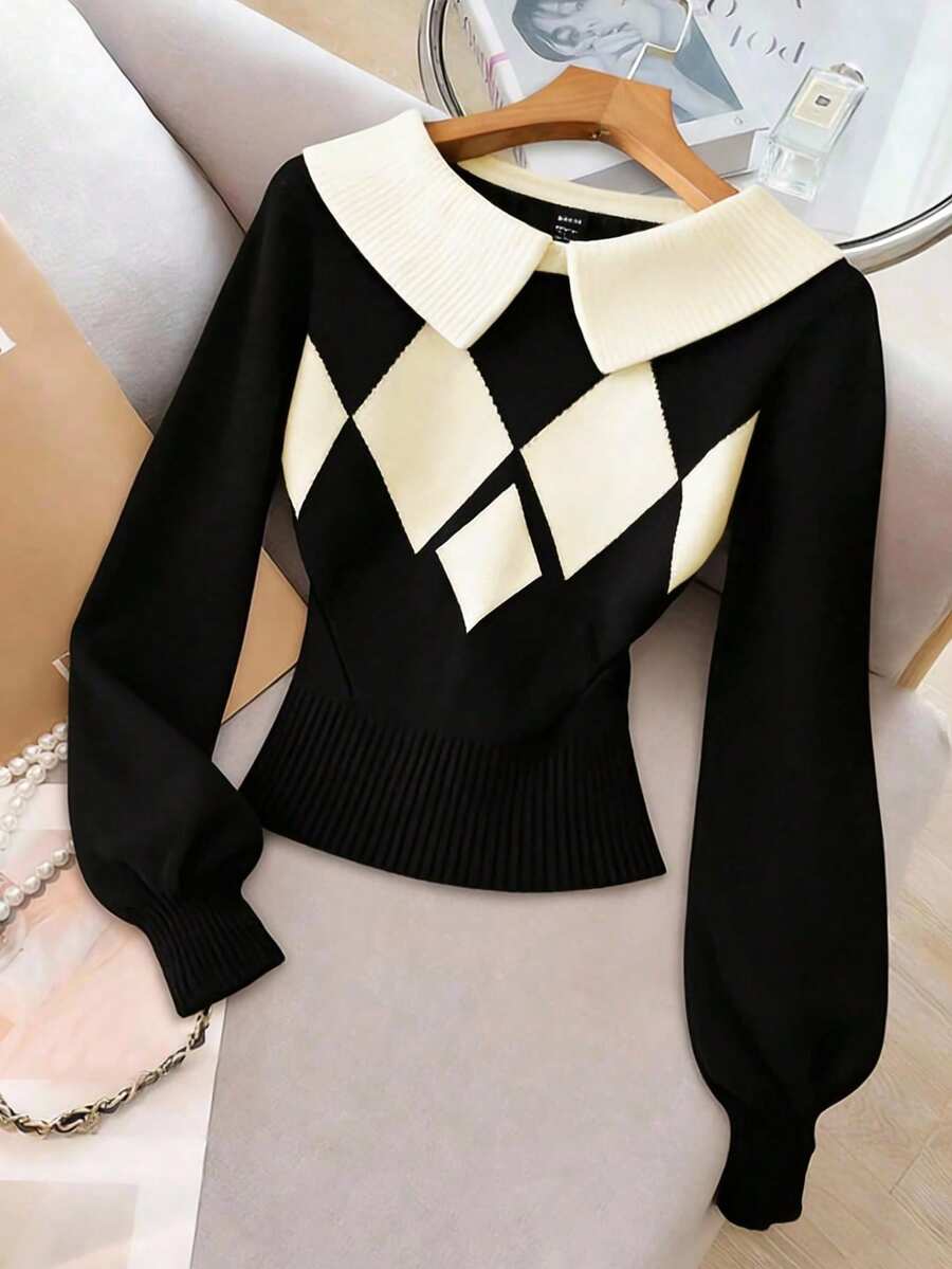 SHEIN Franclia Áo len cổ cao tay phồng phối màu hình thoi lấy cảm hứng từ các blogger. - Nhiều màu - Xem 1