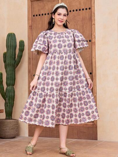 SHEIN 少女宽松休闲圆领泡泡袖碎花中长连衣裙