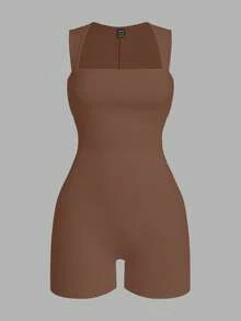 SHEIN EZwear 3pcs Women's Solid Color Swan Neck Casual Bodycon Sleeveless Romper Set - Multicolor - View 3