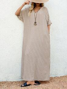 EMERY ROSE 女士V领条纹印花斜插口袋休闲连衣裙 - 彩色 - 查看 8