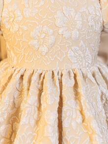 Glamorique Kids 女婴卡其色提花面料连衣裙，泡泡袖，短袖，后背蝴蝶结装饰，A字裙摆，优雅碎花公主裙，适合生日派对、宴会、日常穿着、节日等场合，高端品质 - 卡其色 - 查看 5