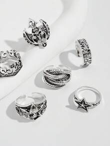 ROMWE Goth 6 chiếc nhẫn ngôi sao phong cách Punk có thể điều chỉnh kích thước, nhẫn đôi, quà tặng ngày lễ - Bạc cổ - ngôi sao đầu lâu - Xem 2