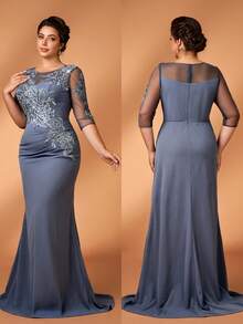 Serin Váy dài tay cổ tròn đính hạt xếp nếp đính sequin màu xám sang trọng thanh lịch cỡ lớn, thích hợp cho tiệc tối, hẹn hò, dạ hội, đám cưới, tiệc chia tay thời con gái - Màu xám đen - Xem 4
