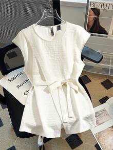 GlowEve Women's Cinched Waist Tie-Up Asymmetrical Hem Blouse - White - View 4