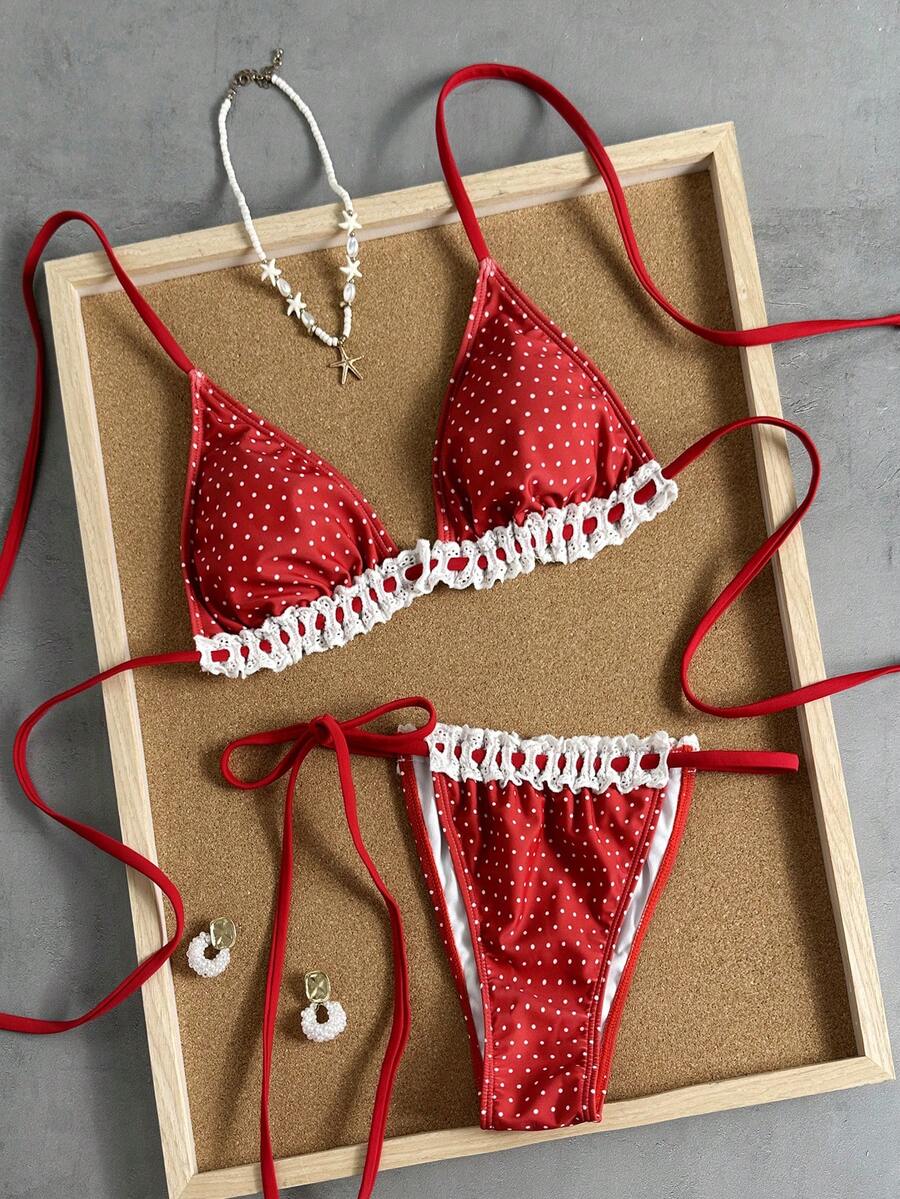 Swim Mod Women's Sweet INS Style Swimsuit Set, Halter Halter, Red Polka Dot & White Lace Trim - Multicolor - View 1