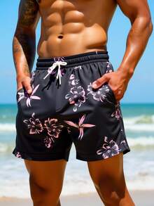 Manfinity VDAYZ 男士碎花图案休闲弹力腰抽绳口袋沙滩短裤