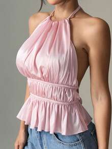 SHEIN EZwear Women's Pink Satin Backless Camisole, Valentine's Day Ladies Camisole - Pink - View 1