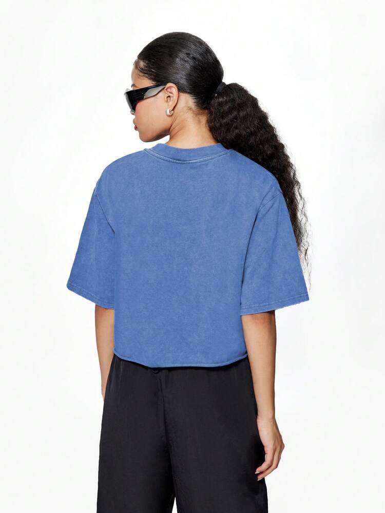 SUMWON WOMEN Washed Numeric Print Cropped T Shirt With Distressed Effect