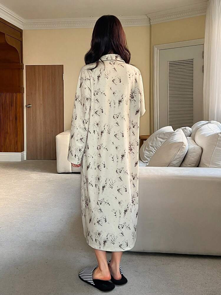 Plant Vein Pattern All-Over Print Loose Long Women Robe