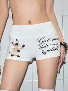 ROMWE Avant Women's Casual Basic Cat Print Shorts - White - View 1