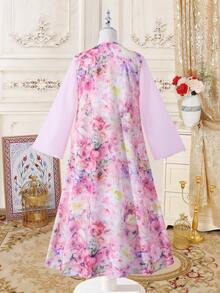 SHEIN 优雅花卉蕾丝边连衣裙，适合少女，时尚闪亮图案，中东风情，优雅精致的派对礼服 - 粉色 - 查看 2