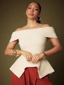 Vixey Fold Over Off Shoulder Asymmetrical Peplum Hem Sweater Top - Apricot - View 1