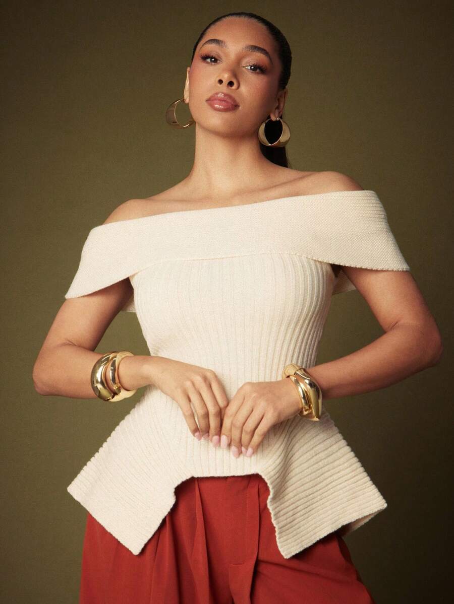 Vixey Fold Over Off Shoulder Asymmetrical Peplum Hem Sweater Top - Apricot - View 1