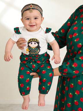 2pcs/Set Baby Girl Unisex Infant Toddler Newborn 0-3T Middle Eastern Print Pattern Romper & Floral Bow Trim Pants Set, Spring/Summer, Suitable For Holidays, Parties, Vacation, Baby Girl Summer 2-Piece Outfit