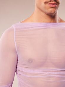 FeverCity Men's Sexy Sheer Mesh V-Neck Slim Fit Cropped Top, Spring/Summer - Mauve Purple - View 7