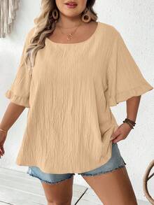 SHEIN CURVE+ 大码女式卡其色荷叶边短袖衬衫，宽松休闲下摆，适合日常及度假穿着，夏季，曲线身材，波西米亚风夏季/乡村/度假/海滩装扮 - 卡其色 - 查看 3