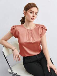 BizChic Áo kiểu nữ cổ tròn tay bồng dáng cánh hoa mới cho mùa Xuân/Hè, kiểu dáng tối giản, đa năng, phù hợp cho các dịp thường ngày, trang trọng, dự tiệc, đi biển, lễ tốt nghiệp và các kỳ nghỉ. - Rỉ Nâu - Xem 2