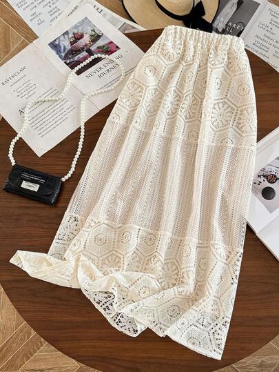 Modelyn Falda larga de unicolor con doble capa y bordado para tallas grandes