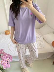 SHEIN Teen Girl Purple Summer Casual Loose Fit Short Sleeve & Long Pants Set,Lavender Tulip & Graffiti All-Over Print,Family Matching Graduation Soft - Mauve Purple - View 3