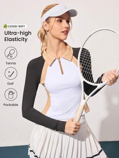 CourtClass 女士撞色半拉链长袖插肩袖时尚运动Polo衫