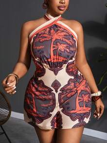 Veslaya 2026 早春大码女式休闲度假复古撞色印花交叉露背连体衣 - 彩色 - 查看 9