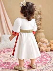 SHEIN Babygirl Elegant & Cute Palace Style Floral Print Color Block Gold Ribbon Long Sleeve Dress - Multicolor - View 4