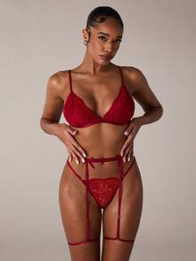 SHEIN BAE 3pcs Lingerie Set (Wireless Bra + G-String + Garter Belt With Leg Strap) - Burgundy - View 6