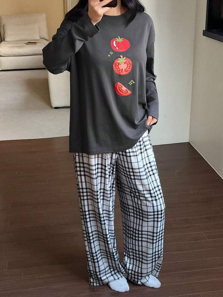 2pcs Women Tomato Pattern Loose Long Sleeve T-Shirt & Plaid Pants Pajama Set