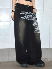 ROMWE Grunge Punk Women's Slogan Print Pocket Wide Leg Loose Casual Jeans - Black - View 4
