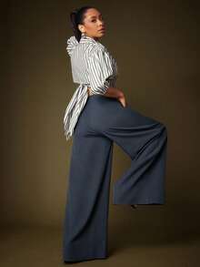 Vixey Charcoal High Waist Pleated Wide Leg Office Pants - Navy Blue - View 3
