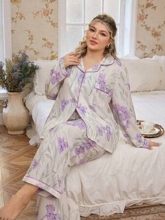 CottageSlumber Pyjama-Set mit floralem Muster, offenem Kragen, Langarmshirt und langer Hose, Große Größen