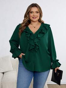 SHEIN CURVE+ Áo sơ mi nữ cỡ lớn viền bèo nhún chủ đề ngày lễ - Màu xanh lá cây đậm - Xem 5