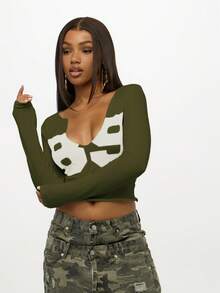 SUMWON 大码长袖短款T恤，字母印花，圆领设计，适合日常休闲穿着 - 卡其色 - 查看 4