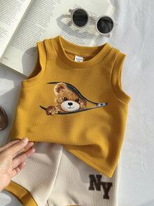 SHEIN 2件套男婴夏季休闲可爱卡通熊图案连帽背心和短裤套装，儿童服装 - 彩色 - 查看 6