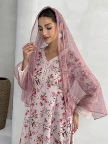 Yasmyna Abito elegante da donna con scollo a V, in in rete con inserti floreali - Rosa - Visualizzare 1