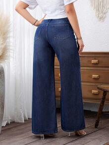 SHEIN Plus Size Women Blue Non-Stretch Wide Leg Cowgirl Jeans, Spring Outfits - Dark Wash - View 2