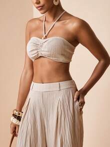 Zivah 2026 Spring/Summer New Music Festival Minimalist Textured Halter Top And Wide Leg Pants - Apricot - View 8