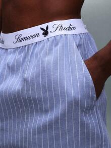 PLAYBOY X SUMWON Pinstripe Waistband Logo Regular Fit Casual Elasticated Summer Lightweight Cotton Blend Bermuda Casual Walking - Blue and White - View 6