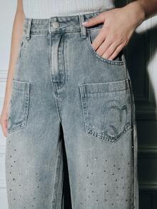 Anewsta 女士浪漫刺绣水钻亮片蓝色直筒牛仔裤，适合派对、假日、情人节、春夏穿着 - 藍色 - 查看 2