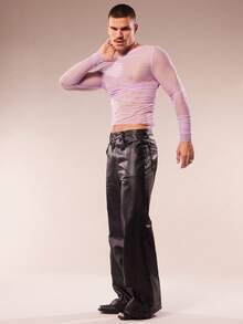 FeverCity Men's Sexy Sheer Mesh V-Neck Slim Fit Cropped Top, Spring/Summer - Mauve Purple - View 6