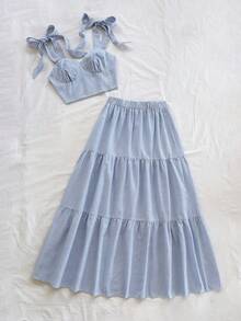 Soleia Women's Sleeveless Crop Top & High Waist Loose Skirt 2-Piece Set, Suitable For Dates, Garden Parties, Tea Parties, Flower Arranging, Bohemian, Boho, Vacation, Vintage, Holiday, Spring/Summer - Blue and White - View 4