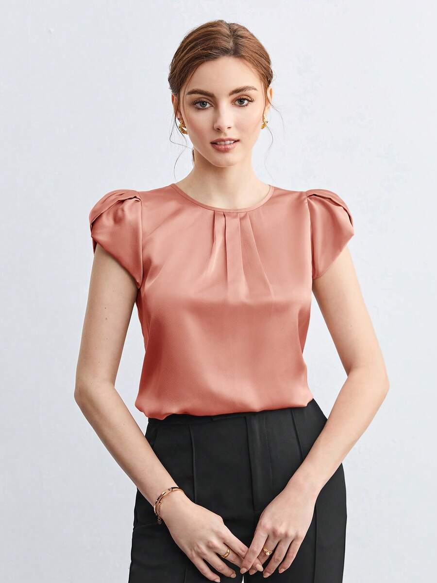 BizChic Spring/Summer New Round Neck Ruched Petal Sleeve Women's All-Match Minimalist Blouse, Versatile For Casual, Formal, Party, Beach, Graduation, Holiday Wear - Rust Brown - View 1