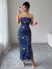 Rafferiza Vestido ajustado con abertura y estampado floral de rama elegante con fruncido para mujer - Azul Marino - Ver 4