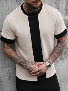 SLATEMANN Áo thun nam dệt jacquard phối màu tương phản, đa năng cho mặc hàng ngày, áo thời trang nam, áo thun nam thường ngày, áo lưới nam, áo sơ mi dệt kim nam. - Nhiều màu - Xem 1