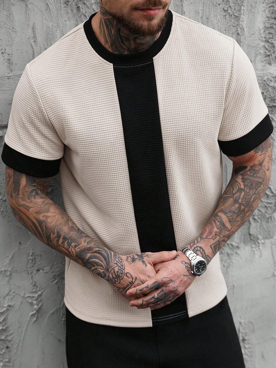 SLATEMANN Áo thun nam dệt jacquard phối màu tương phản, đa năng cho mặc hàng ngày, áo thời trang nam, áo thun nam thường ngày, áo lưới nam, áo sơ mi dệt kim nam. - Nhiều màu - Xem 1