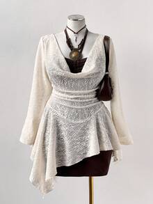 Sunspun 休闲优雅性感简约提花3D花卉垂褶领口不对称荷叶边下摆系带蝴蝶结修身咖啡棕色连衣裙，适合约会和聚会，女士两件套 - 彩色 - 查看 8