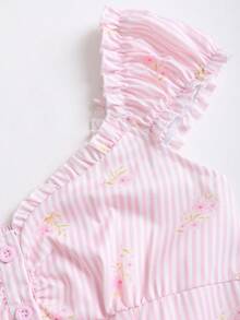 Sweetra 女士条纹花卉荷叶领单排扣衬衫 - 粉色 - 查看 4